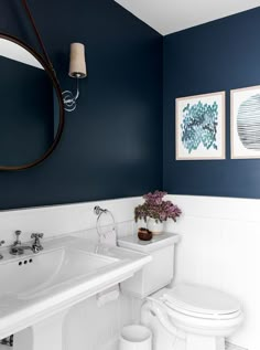 a bathroom with blue walls and white fixtures