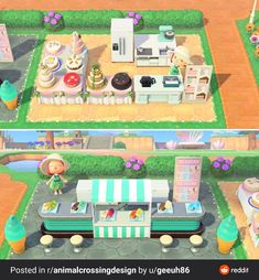 two pictures of the same food cart in animal crossing town, one with an ice cream shop and another with donuts