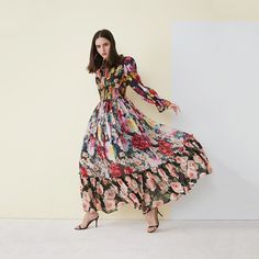 Our vibrant Wild Floral Maxi Dress makes a bold and colorful statement, just in time for your upcoming summer occasions. Maxi Dress Stores, Ruffle Neck Dress, Holiday Maxi Dress, Ruffles Fashion, Runway Dresses, Chiffon Ruffle, Women Maxi, Floral Maxi, Collar Dress