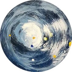 an abstract painting of the inside of a blue and white circle with yellow flowers on it