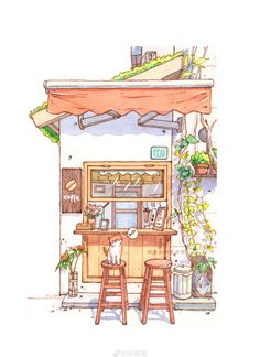 a drawing of an outdoor kitchen with two stools and a table under the awning