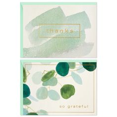 two thank cards with watercolor leaves and the words thanks written in gold on them