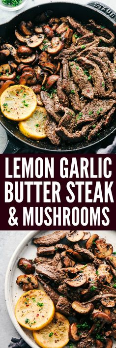 lemon garlic butter steak and mushrooms in a cast iron skillet with text overlay