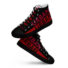 Step into urban style with our "Urban Stride" Men's High Top Canvas Shoes. Featuring a sleek design with a bold black and red stripe accent, these shoes are the perfect blend of fashion and functionality. Crafted with quality materials and attention to detail, they offer both comfort and style for any urban adventure. Whether you're navigating city streets or hitting up your favorite hangouts, these shoes are sure to make a statement. *    Sleek Urban Design: Stand out in the city with these stylish high top canvas shoes featuring a striking black and red stripe design accented with the word "urban" for a bold statement. *    Comfortable Fit: Enjoy all-day comfort with these shoes, featuring a cushioned insole, breathable lining, and padded collar, ensuring a snug and supportive fit with e Urban Custom Sneakers With Red Sole, Red Custom Urban Sneakers With Round Toe, Urban High-top Custom Sneakers, University Red High-top Custom Sneakers With Contrast Sole, Urban High-top Sneakers With Red Sole, Urban High-top Sneakers With Red Sole And Lace-up, Punk Black High-top Sneakers For Streetwear, Urban Custom High-top Sneakers With Red Sole, Red High-top Sneakers With Logo-print Tongue