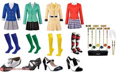 a group of women's clothing and accessories including shoes, umbrellas, golf clubs