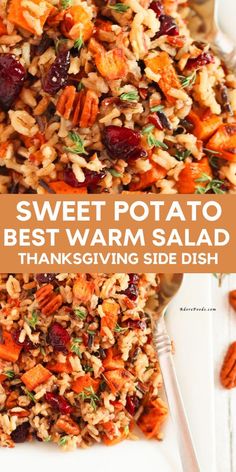 sweet potato and cranberry salad on a white plate with text overlay that reads, sweet potato best warm salad thanksgiving side dish