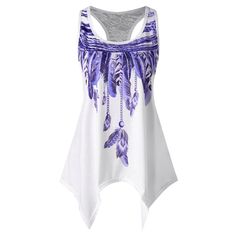 Feather Print Lace Insert Handkerchief Tank Top - Purple - 3665634210 - Original Design-Women's Clothing  #OriginalDesignWomensClothing #Original #DesignWomen's #Clothing Tshirt Women, Casual Tunics, Crop Top Casual, Long T, Sleeveless T Shirt, Print Tank Top, Long T Shirt, Plus Size Tank Tops, Feather Print