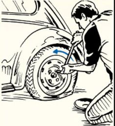 a cartoon drawing of a man changing the tire on a car's flat tire