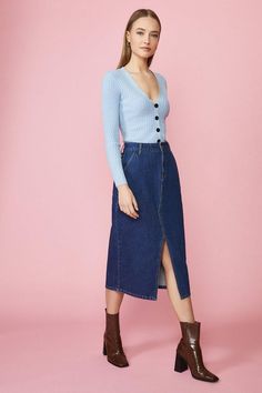 Split Front Denim Midi Skirt Latest Skirts, Denim Midi Skirt, Quick Delivery, High Waisted Skirt, Midi Skirt, Split, Buy Online, Shop Now, Skirt