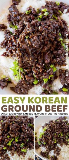 an easy korean ground beef recipe is shown in three different pictures, including rice and broccoli