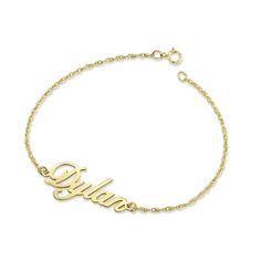 Wrap your wrist in personalized panache with this stylish name bracelet. Fashioned in your choice of metal, this sophisticated look features your name - up to eight characters in length - sculpted in a cursive font. Buffed to a brilliant luster, this 7.25-inch rope chain bracelet, with an additional closure ring at 6.25 inches, secures with a spring-ring clasp. Classic Yellow Gold Nameplate Bracelet, Classic Adjustable Gold Bracelet With Name, Classic Adjustable Gold Bracelet With Name Detail, Classic Gold Name Bracelet, Classic Yellow Gold Custom Name Bracelet, Customizable Yellow Gold Nameplate Bracelet, Gold Signature Style Adjustable Bracelets, Personalized Yellow Gold Nameplate Bracelet, Classic Engraved Gold Bracelet For Personalized Gift