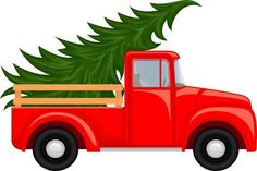 a red truck with a christmas tree on the back