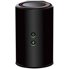 a black speaker with two green buttons on it