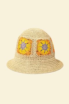 This artfully crafted bucket hat has a definite, vintage wow factor. created entirely of hand-crocheted paper. It has flower patterns on the top part of the hat. Made of 100% straw. Size adjuster inside. Can be folded very small to fit in your purse. Made In: China