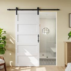 an open door leading to a bathroom with a plant in the foreground and a shower behind it