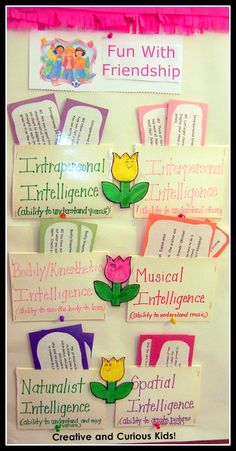 a bulletin board with several different types of words on it and flowers in the middle