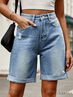 Lasaky - Womens Blue Rolled Hem Denim Bermuda Shorts with Ripped Holes and Straight Legs - Trendy Denim Jeans and Clothing Long Denim Shorts, Denim Pattern, Blouse Tank Top, Zipper Shorts, Denim Patterns, Mode Casual, Plus Size Tank Tops, Shorts Casual, Sport Dress