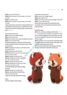 two crocheted red pandas sitting next to each other on top of a page