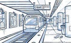 a blue and white drawing of a subway