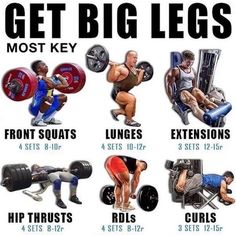 a poster with the words get big legs, most key moves and exercises for men