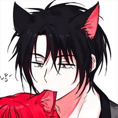 an anime character with black hair wearing a red scarf and cat ears on his head