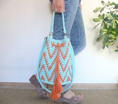 Hand crochet cotton bucket bag, chevron rope bag, boho sack bag, strong cotton string purse, beach bag, mint / orange bag, modern bag by WoolFans on Etsy Cotton Rope Bag, Crochet Bucket Bag, Custom Drawstring Bags, Boho Crossbody Bag, Modern Bag, Crochet Bucket, Rope Bag, Sack Bag, Cotton String