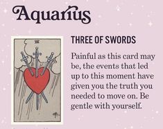 a card with the words aquarius on it and an image of a heart surrounded by swords