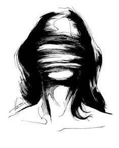 a black and white drawing of a woman's head with her hair pulled back