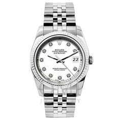 This pre-owned Rolex Datejust is a stunning representation of Rolex's iconic craftsmanship and timeless design. Powered by the original Rolex automatic movement, this watch promises precision and reliability. The fluted stainless steel bezel adds a classic touch, framing the exquisite white aftermarket diamond dial that radiates elegance and luxury. Protected by a scratch-resistant sapphire crystal, the dial remains pristine and legible. The 26mm case size is perfect for a sophisticated, underst Classic White Gold Diamond Watch With Jubilee Bracelet, Classic White Watches With Bracelet Strap, Classic White Gold Diamond Watch With Bracelet Strap, Elegant White Watch Bands For Formal Occasions, Formal Bracelets With Stainless Steel Clasp, Classic White Watches With Jubilee Bracelet, Classic White Diamond Watch With Polished Finish, Classic Jewelry And Watches With Jubilee Bracelet, Classic White Watch With Jubilee Bracelet