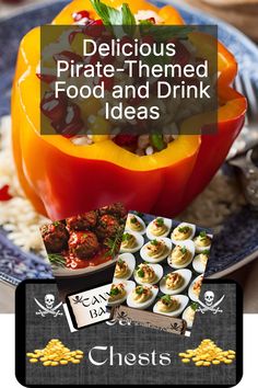 a plate with some food on it and the words delicious pirate - themed food and drink ideas