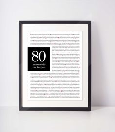 a framed book page with the words 80 written in black and red on it, next to a white wall