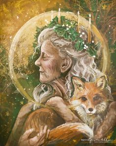 a painting of a woman holding a fox