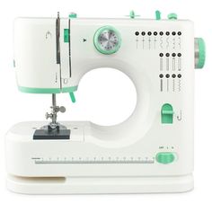 a white sewing machine with green trimmings on it's sides and buttons