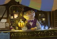 a lizard in a top hat and vest behind a counter with a glass on it