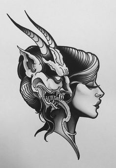 a woman's head with dragon tattoos on it