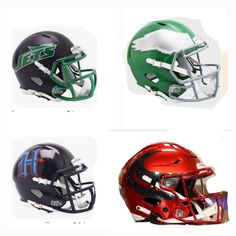 four football helmets with different designs on them