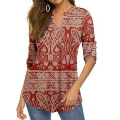 Step up your fashion game with this trendy Amoretu women's vneck paisley print blouse. Made from a soft and stretchy blend of 95% polyester and 5% spandex, this blouse is comfortable to wear and provides a flattering fit. Its 3/4 roll sleeves and curved hem add a touch of elegance, making it perfect for any occasion. Brand: Amoretu Product Name: Women's V Neck Tunic Top Style: Loose Blouse Shirt for Women Size: M, L, XL, 2XL, 3XL, 4XL Fabric: 95% Polyester, 5% Spandex Comfy and soft Neck: Split Fall V-neck Blouse With Paisley Print, Fall Paisley Print V-neck Blouse, Spring V-neck Paisley Print Tops, Printed 3/4 Sleeve Blouse For Fall, Bohemian Printed Half Sleeve Tops, Bohemian Half Sleeve Printed Top, Stretch V-neck Printed Blouse, Casual Long Sleeve Blouse With Paisley Print, Casual Long Sleeve Paisley Print Blouse