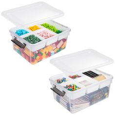 two plastic storage containers filled with different colored beads