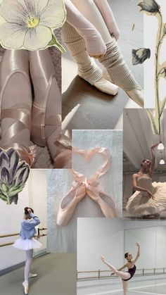 a collage of ballet images with flowers, shoes and tutu skirted ballerinas