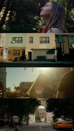 two different shots of people walking down the street in front of some buildings and trees