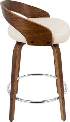 an image of a modern bar stool with wood and white upholstered leather seat