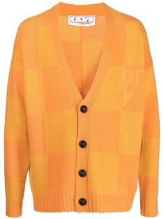 orange wool check pattern intarsia-knit logo V-neck front button fastening long sleeves Off White Clothing, Intarsia Patterns, Chanel Fashion Show, Pattern Cardigan, Orange Cardigan, Knit Logo, Patterned Cardigans, Loud House, Chanel Fashion