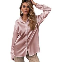 Women's Satin Drop Shoulder Button Blouses Dusty Pink 100% Polyester Button Closure Machine Wash Lightweight Material, Fabric Is Soft To Touch, Comfortable To Wear Long Sleeve, Drop Shoulder, Button Up, Solid Color, Satin, Collar, Provides A Charming And Elegant Look Good For Office, Work, Casual Outtings, Street, Home, Dating, Vacations, Lounge, Shopping Or Daily Life Wear Perfect To Match With Your Favorite Denim Jeans, Pants Or Skirt, Hand Or Machine Wash With Like Color Clothing Please Kindl Feminine Button-up Blouse With Button Cuffs, Feminine Solid Color Button-up Blouse, Feminine Button-up Solid Color Blouse, Feminine Solid Color Blouse With Button Closure, Feminine Solid Blouse With Button Closure, Feminine Fall Blouse With Button Closure, Solid Blouse With Back Button Closure, Button-up Blouse With Button Closure, Feminine Fall Shirt With Button Closure