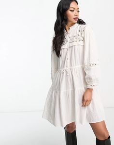 Mango eyelet long sleeve mini dress in white | ASOS Little White Chapel, White Chapel, Mango Dress, Festival Accessories, Long Sleeve Mini, Smock Dress, Long Sleeve Mini Dress, White Mini Dress, Look Chic