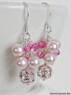 "Details: ~ Rhodium-plated brass and Egyptian crystal, pink ~ Swarovski Crystal Pink Pearls ~ Swarovski Crystal Rose Bicones ~ Sterling Silver Ear Wires ~ Measurements:  1 3/4\" * My jewelry is handmade and made to order * Please allow 1-2 weeks for large/custom orders to be completed * Beautiful Bridal Earrings and Wonderful Gifts for your Bridal Party * Matching Necklace is Also Available (click the link below) * Jewelry will come in a gift box ready for gift giving: either customized or stand Handmade Pink Crystal Earrings For Wedding, Nickel-free Pink Jewelry For Party, Pink Sterling Silver Drop Pearl Earrings, Pink Sterling Silver Pearl Earrings For Pierced Ears, Pink Crystal Dangle Earrings, Handmade Pink Crystal Earrings, Pink Crystal Drop Earrings For Anniversary, Pink Nickel-free Wedding Earrings, Pink Earrings For Anniversary