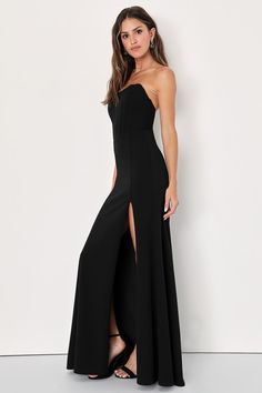 We are obsessed with the idea of dancing the night of the way in glamorous fashion with the Lulus Passionate Admiration Black Strapless Bustier Maxi Dress! Take everyone's breath away with this sensational dress that features a stretchy crepe knit construction that shapes a sultry sweetheart neckline and a strapless, bustier-inspired bodice with supportive boning and hidden no-slip strips. A fitted waist tops a figure-skimming skirt that boasts a mermaid-style silhouette as it falls to a sweepin Strapless Maxi Dress For Gala During Prom Season, Fitted Bodice Evening Dress With Boning For Night Out, Boned Corset Dress For Gala Or Prom, Strapless Evening Dress With Corset Back For Night Out, Strapless Evening Dress With Corset Back For Prom, Elegant Strapless Dress With Boning For Cocktail, Prom Season Strapless Dress With Corset Back, Strapless Dress With Corset Back For Prom Season, Elegant Strapless Cocktail Dress With Boning