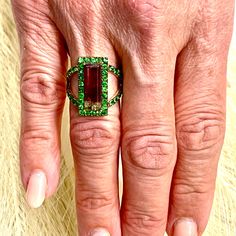 Finely Faceted Quality Natural Watermelon Tourmaline Tsavorite Ring 7 14k YG 4.7 TCW Certified $5,950 300684This is a one of a Kind Unique Custom Made Glamorous Piece of Jewelry!Nothing says, “I Love you” more than Diamonds and Pearls!This item has been Certified, Inspected, and Appraised by Gemological Appraisal LaboratoryGemological Appraisal Laboratory of America is a proud member of:- GIA Alumni Association- National Association of Jewelry Appraisers- International Consortium Gem-Testing Lab Art Deco Green Emerald Multi-stone Ring, Green Tsavorite Gemstone Jewelry, Collectible Emerald Cut Green Emerald Ring, Green Multi-stone Sapphire Ring For May Birthstone, Green Tourmaline Gemstones For Fine Jewelry, Luxury Green Sapphire Ring With Gemstone Accents, Fine Jewelry Green Tourmaline Gemstones, Green Tourmaline Multi-stone Emerald Ring, Unique Green Emerald-cut Ring