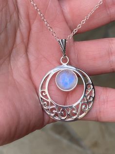 "Big and beautiful, natural rainbow moonstone pendant Necklace In 925 Sterling Silver, with 18\" inches long sterling silver chain. Chain's not adjustable. Pendant size: 1.70\" x 1.10\" inches, approx. Stone size: 10 mm around, round cabochon cut." Silver Moon Phase Crystal Necklace, Nickel-free Moonstone Necklace For Healing, White Moon Phase Necklace In Sterling Silver, Silver Moonstone Round Necklace, White Moon Phase Sterling Silver Necklace, Nickel-free Moonstone Necklace With Round Pendant, White Sterling Silver Moon Phase Necklace, Moonstone Round Necklace For Anniversary, Nickel-free White Moonstone Necklace