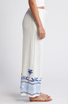 Border-printed palm trees and tile-inspired suns bring the ultimate resort-ready vibe to gauzy palazzo pants topped with an adjustable drawstring. Elastic/drawstring waist Front slant pockets 100% Lenzing™ EcoVero™ viscose Lenzing EcoVero viscose is a sustainably produced fiber using pulp made from renewable wood sources and certified with the EU Ecolabel for high environmental standards, including lower emissions and water usage than generic viscose Machine wash, line dry Imported Printed Palazzo Pants, Perfume Gift Sets, Perfume Gift, Sam Edelman Shoes, Blue Fits, Beauty Services, Fragrance Gift Set, Border Print, Beauty Sale