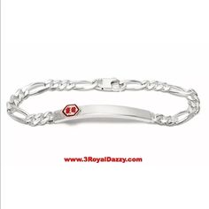 Style : Medical Alert Id Figaro Link Bracelet Metal Type : Anti Tarnish Solid .925 Sterling Silver Approx. Length : 8 Inches Approx. Width : 6.5 Mm Approx. Thickest : 2.5 Mm Approx. Weight : 17 Grams To 20 Grams Approx. Engravable Plate: 33 Mm Wide, 5 Mm Height Region Imported From: Italy Clasp : Lobster Clasp Item # : Jn02281602a Personalized Sterling Silver Bracelet For Formal Occasions, Personalized Sterling Silver Bracelets For Formal Occasions, White Sterling Silver Hallmarked Bracelets, White Sterling Silver Bracelet With Polished Finish, Anniversary White Gold Sterling Silver Bracelet, Nickel Free, Silver Sterling Silver Name Bracelet For Anniversary, Silver Name Bracelet For Anniversary, Hypoallergenic Silver Sterling Silver Name Bracelet, Hypoallergenic White Sterling Silver Bracelets